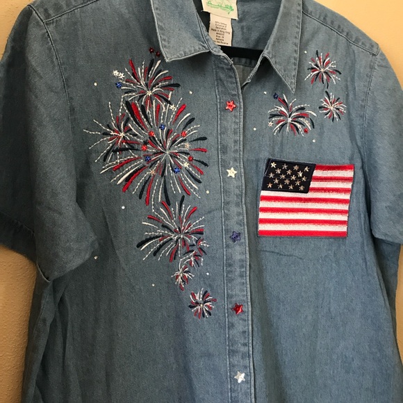 Americana Flag denim shirt 1X Quacker Factory 100%cotton - Picture 7 of 9